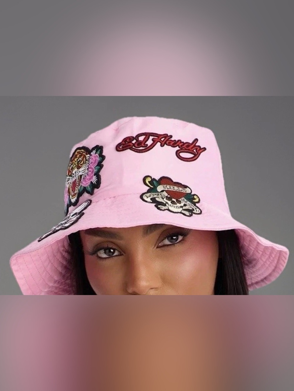 Ed Hardy Pink Bucket Hat with Tiger and Skull Patches